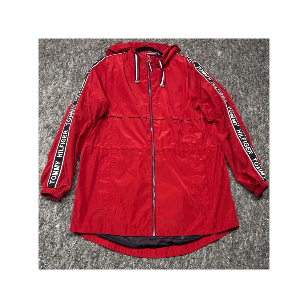 Tommy Hilfiger‎ Womens Red Logo Tape Hooded Windbreaker Jacket S TW1MP368